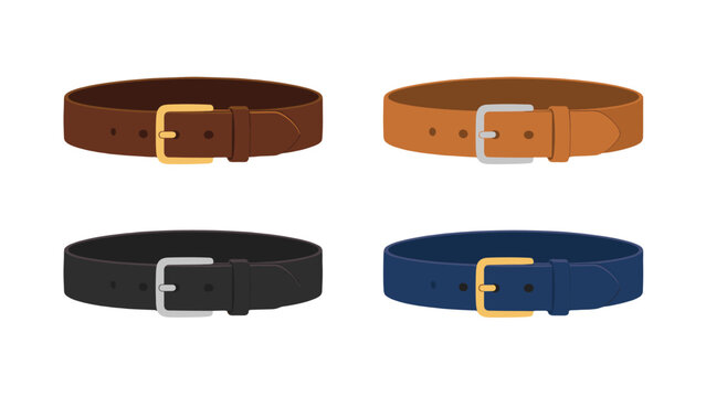 Set of four leather belts with metal buckles on white