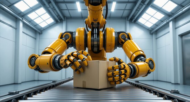 Industrial robot arm handling cardboard box on conveyor belt, automated warehouse, futuristic technology - Efficiency and Automation.