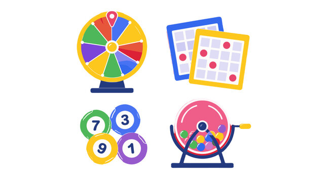 Lottery game icons with wheel tickets balls and dispenser