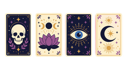 Set of mystical cards with skull, lotus, eye and crescent moon © Artstock