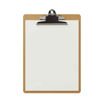 Professional brown masonite clipboard with blank white paper sheet isolated on white background for business mockup and documentation