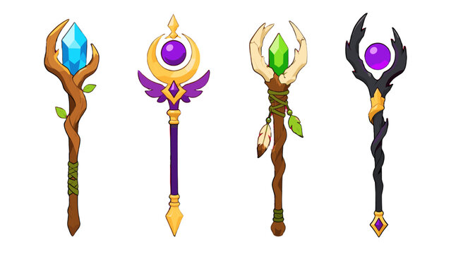Set of cartoon fantasy magic staffs with crystals and orbs