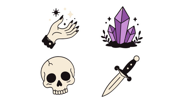 Hand drawn magic doodle set with hand crystal skull and dagger