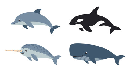 Cartoon marine mammals set with dolphin orca narwhal and whale © Artstock