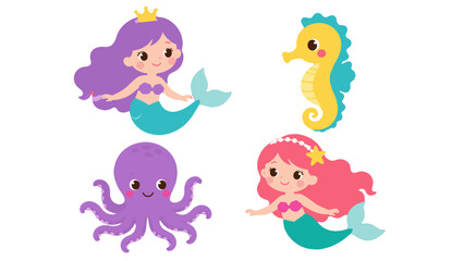 Cute mermaids with seahorse and octopus cartoon vector set © Artstock