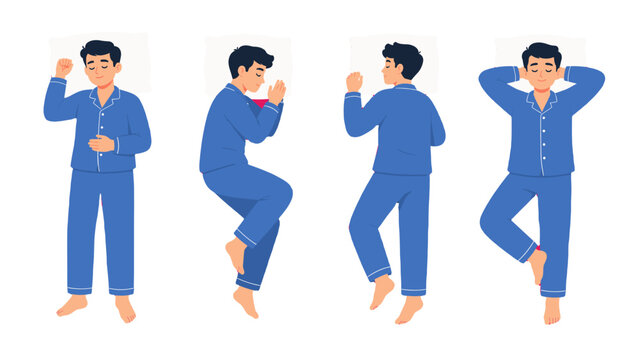 Man sleeping in different bed positions vector illustration set