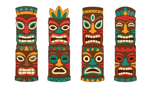 Colorful carved tiki mask totem poles vector set