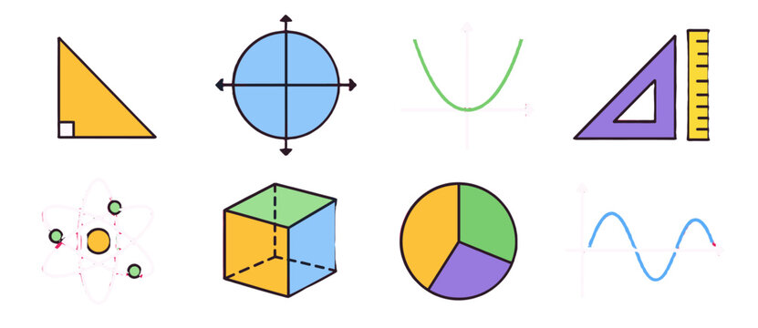 Colorful math and science doodle icons with graphs and shapes