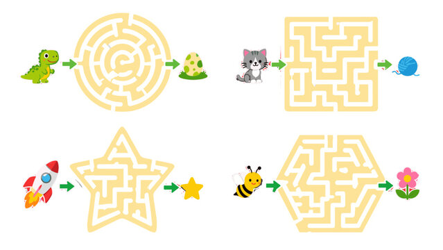 Children's maze puzzle set with animals, rocket, bee and paths