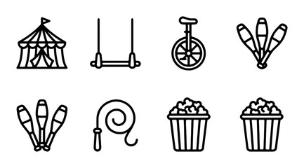 Circus Icons Set: Tent, Trapeze, Unicycle, Juggling Pins, Whip, Popcorn © Asifur