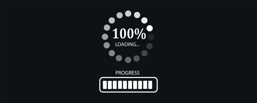 Loading bar at 100%, web preloader on dark background. Update or download progress, progress bar diagram icon, technology flat design.