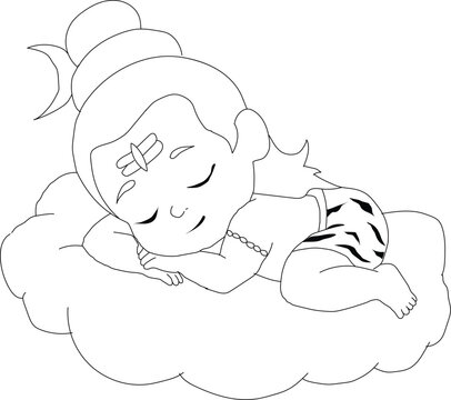 Shiv ji sleeping on clouds outline pencil drawing.