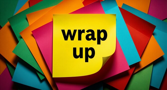 Yellow Sticky Note with "Wrap Up" Text on Colorful Background  - Project Completion
