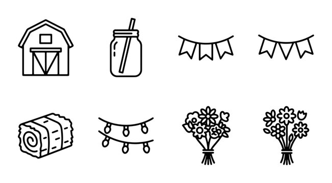 Farmhouse Icons Set: Barn, Mason Jar, Hay Bale, Bunting, Flowers, String Lights