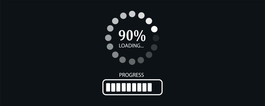 Loading bar at 90%, web preloader on dark background. Update or download progress, progress bar diagram icon, technology flat design.