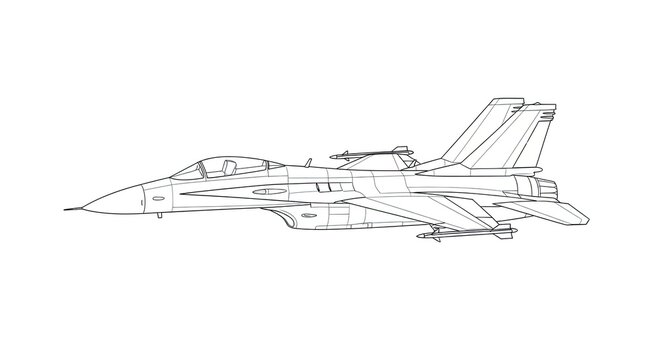 A detailed black and white line drawing of a US Navy F/A-18E Super Hornet fighter jet. The aircraft is depicted in a side profile, showcasing its aerodynamic design and various features.
