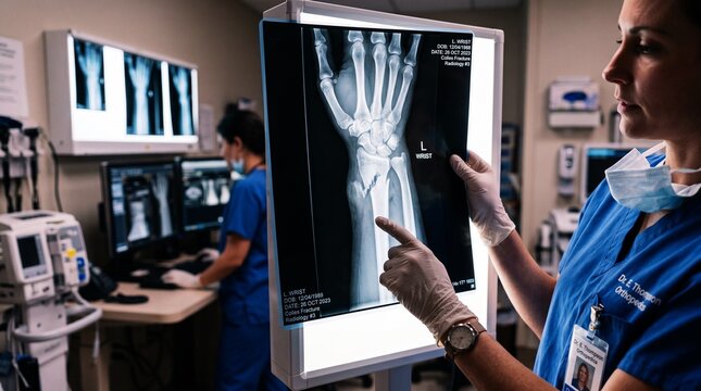 Female orthopedic surgeon examining wrist x-ray film showing distal radius bone fracture on light box in modern hospital radiology clinic department stock photo