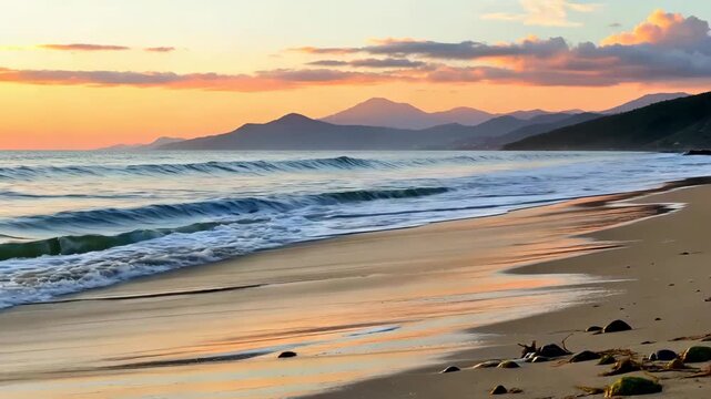 Panoramic view of sunset waves at the beach, scenic view of sunset beach waves
