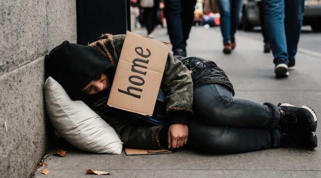 Person slepic on sidewalk with cardboard sign saying home. Shoppers pass by on street. Exhausted individual seeks rest and shelter on cold urban ground.