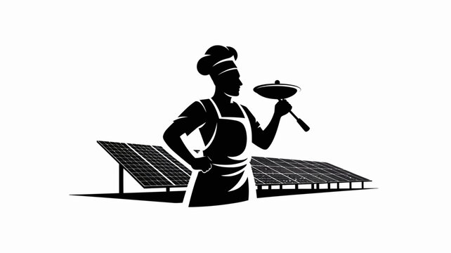 Solar panel installer, woman with frying pan, renewable energy, eco-friendly, black silhouette