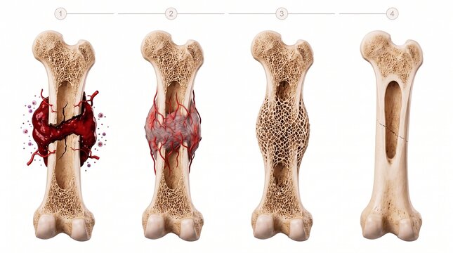 Stages of bone fracture healing diagram cross section showing hematoma formation fibrocartilaginous callus bony callus and remodeling on white background infographic template