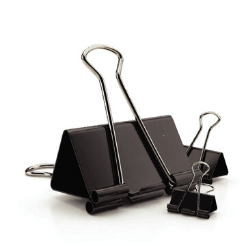 Collection of Black Metal Foldback Binder Clips in Various Sizes Isolated on White Background