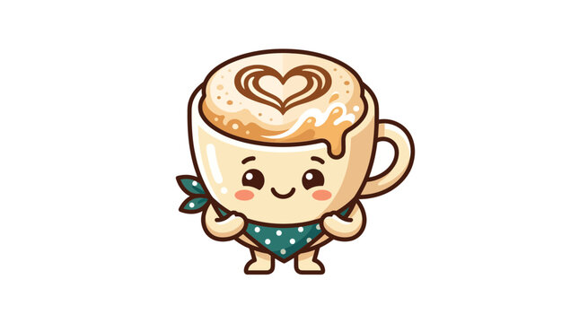 Cute Kawaii Coffee Cup with Heart Latte Art and Bandana