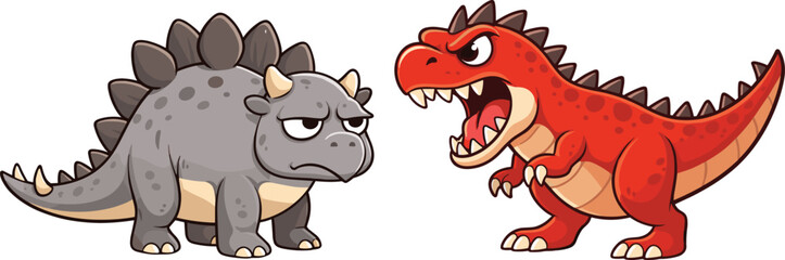 Cartoon dinosaurs confrontation illustration featuring grumpy stegosaurus and angry red dinosaur, kids friendly prehistoric characters, white background, cad drawing flat vector illustration © Rajbala