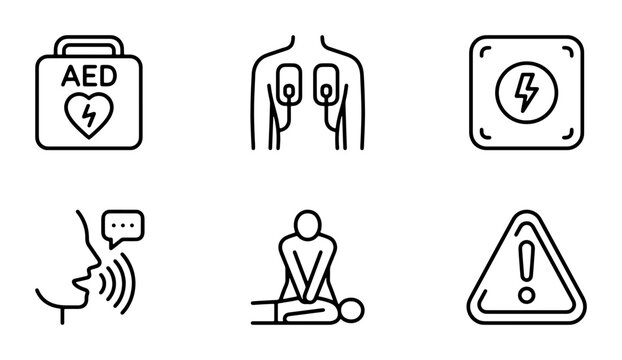 AED Defibrillator Icons, CPR, Medical Emergency, First Aid, Health Care Symbols