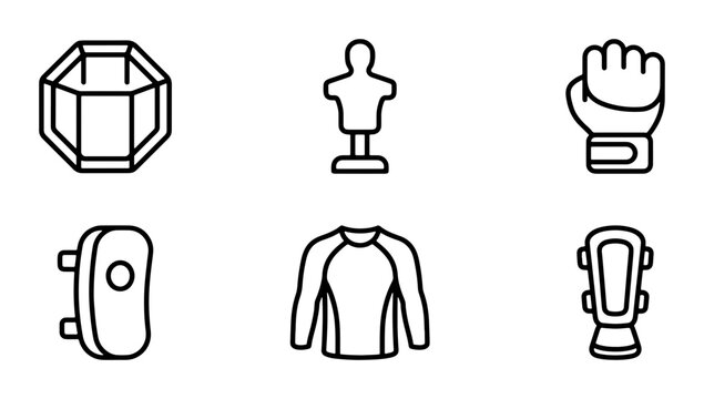 Martial Arts Icons Set: MMA Cage, Punching Dummy, Gloves, Shin Guards, Rash Guard, Training Pad