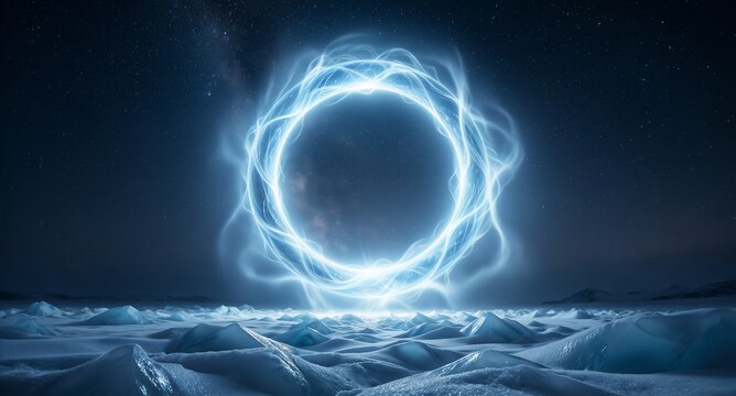 Glowing blue portal in snowy landscape, cosmic energy ring, otherworldly gateway, futuristic space travel, celestial phenomenon, dimensional rift  - Science Fiction.