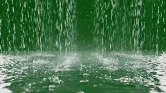 Heavy rain falling and splashing on a water surface against a solid green screen background. Isolated waterfall droplets for VFX and video compositing.