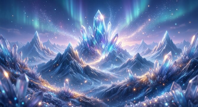 Crystalline mountains, aurora borealis, magical landscape, glowing crystal formations, fantasy art, otherworldly scene, hope and wonder.