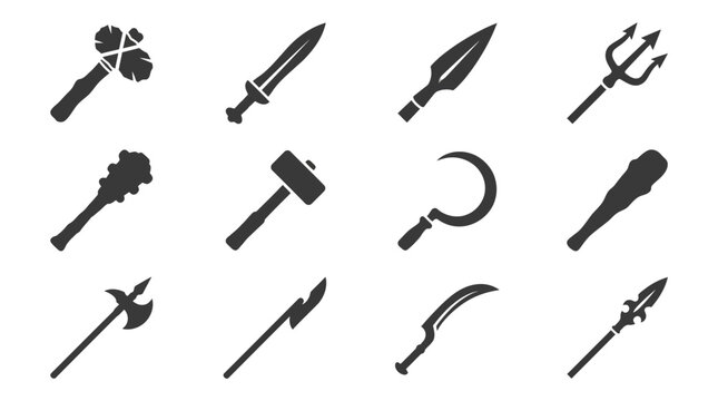 Flat silhouette vector icon set of 12 ancient weapons  stone axe silhouette  bronze sword silhouette  spearhead silhouette  trident silhouette  ancient mace silhouette  war hammer silhouette  sickle 