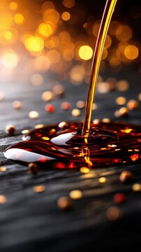A stream of rich amber liquid cascades onto a dark surface, surrounded by sparkling bokeh lights