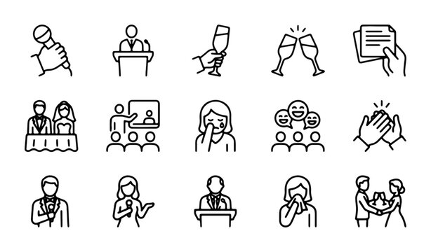 Speech and Presentation Icons: Public Speaking, Audience Engagement, Celebration, and Recognition Vector Set