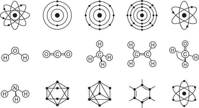 A professional minimalist black vector icon set featuring science chemistry atom structures and molecular formulas