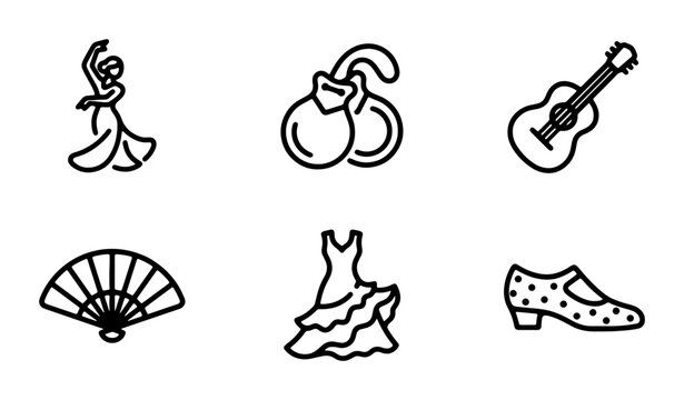 Flamenco Dancer Icons, Spanish Guitar, Castanets, Fan, Dress, Shoe Vector Set