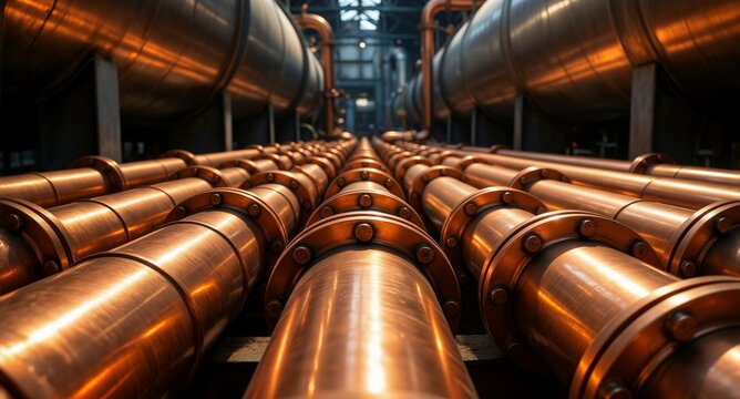Industrial copper pipes and tanks, refinery processing, complex network, metallic texture, engineering infrastructure, industrial process  - technological advancement.