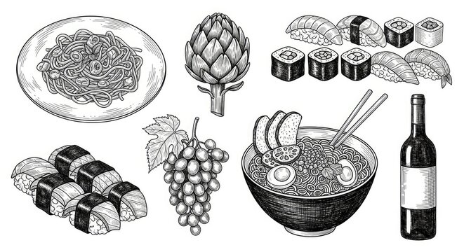 An intricate black and white illustration depicts a lavish assortment of Japanese and Italian food items. A plate of spaghetti is positioned on the left, alongside a large artichoke.