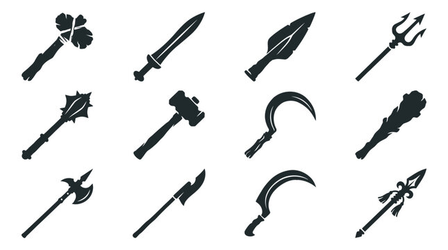 Flat silhouette vector icon set of 12 ancient weapons  stone axe silhouette  bronze sword silhouette  spearhead silhouette  trident silhouette  ancient mace silhouette  war hammer silhouette  sickle 