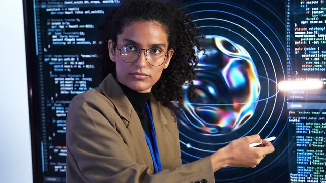 Female programmer explain AI learning assistant system on monitor. Professional woman software developer demonstrate code algorithm. Tech expert talk about machine training network