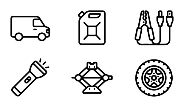 Car Emergency Kit Icons, Vehicle Roadside Assistance Symbols, Automotive Tools Vector Set