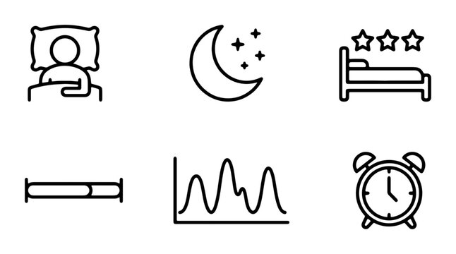 Sleep Icons Set, Night Moon, Bed Comfort, Sleep Cycle Graph, Alarm Clock