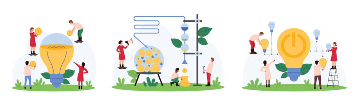 Idea to make money, income profit of business creativity, expertise of solution set. Tiny people work with pipeline funnel for data and idea conversion, invest to venture cartoon vector illustration