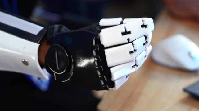 Tester evaluate performance of robot arm and artificial hand mechanic. Tech expert examine robotic prosthesis limb function during laboratory experiment. Engineer check cybernetic device control