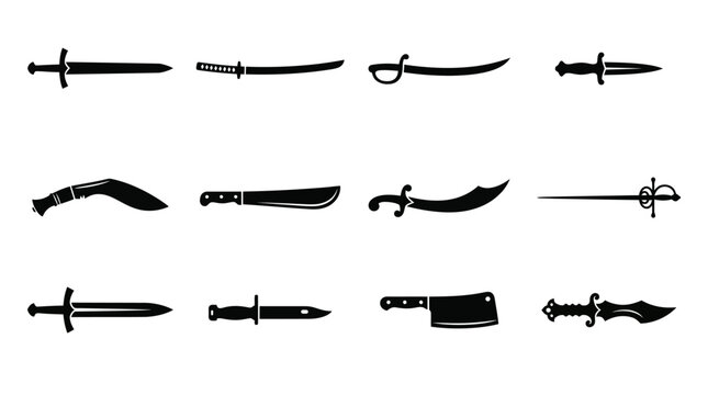 Flat silhouette vector icon set of 12 bladed weapons  sword silhouette  katana silhouette  saber silhouette  dagger silhouette  kukri silhouette  machete silhouette  scimitar silhouette  rapier 