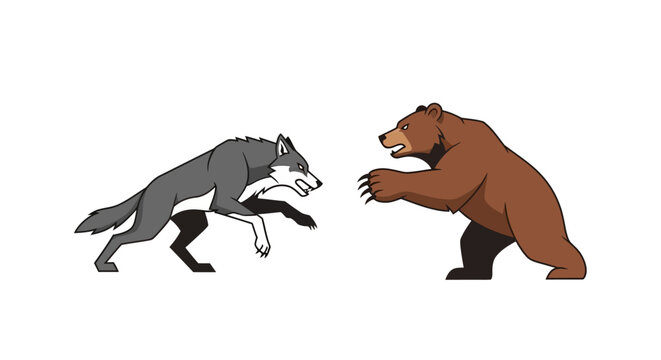 Wolf attacking bear isolated on white background, cartoon style