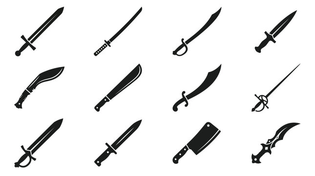 Flat silhouette vector icon set of 12 bladed weapons  sword silhouette  katana silhouette  saber silhouette  dagger silhouette  kukri silhouette  machete silhouette  scimitar silhouette  rapier 