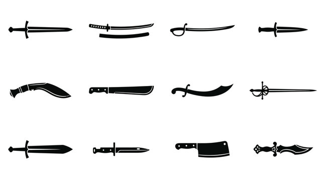 Flat silhouette vector icon set of 12 bladed weapons  sword silhouette  katana silhouette  saber silhouette  dagger silhouette  kukri silhouette  machete silhouette  scimitar silhouette  rapier 
